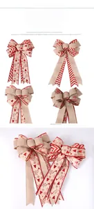 Close-up of double-layered Christmas burlap bows with red edge and assorted festive patterns