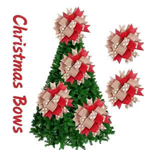 Red and white polka dot burlap Christmas tree bow decorations set on white background