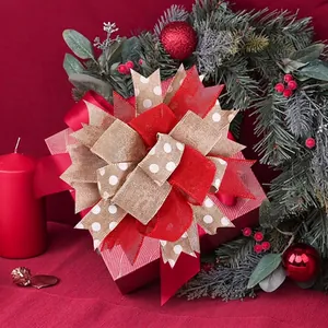 Handmade Christmas bow with red grid and burlap layers for holiday gift tree decoration
