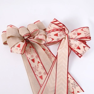 Large Christmas tree topper burlap bows with red reindeer and snowflake patterns