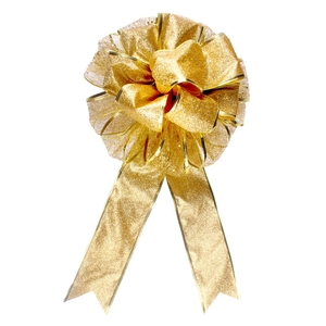 Large double-layered gold Christmas bow with glitter ribbon and mesh streamers for party decor