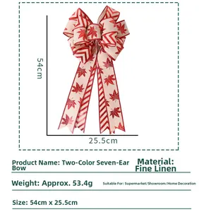 Detailed dimensions of double-layered Christmas burlap bow with maple leaf and stripes