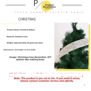 Christmas faux linen ribbon 2M x 6.3CM with golden snowflakes for DIY tree decor