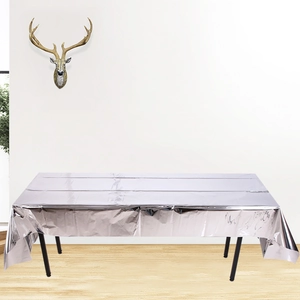 Close-up of a rectangular silver PET tablecloth with metallic mirror gloss for party decor