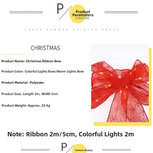 Detailed specs of 2M Christmas red ribbon bow with LED lights and silver snowflakes