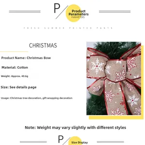 Detail of Christmas faux linen bow with red snowflake print and edge for tree decor