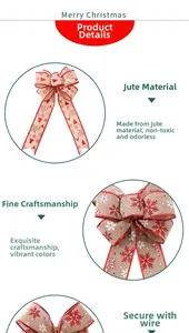 Detail einer Weihnachtsschleife aus Sackleinen mit Rentier-Motiv und Drahtbefestigung