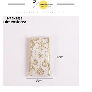 Christmas ribbon roll with golden snowflake patterns and 14x8cm packaging dimensions