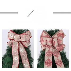 Close-up of rustic burlap Christmas bows with festive snowflake and floral prints