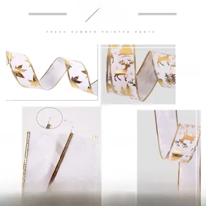Detail of wired edge Christmas ribbon with gold foil maple and reindeer patterns