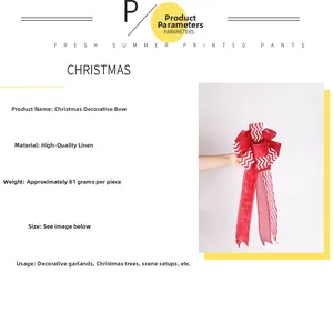 Close-up of red linen Christmas bow with zigzag print, weighing 81g for festive decor