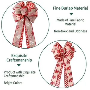 Double-layered burlap Christmas bows with snowflake and maple patterns for tree decoration
