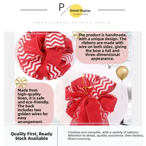 Detail of red and white striped burlap ribbon bow with wire edges for holiday decor