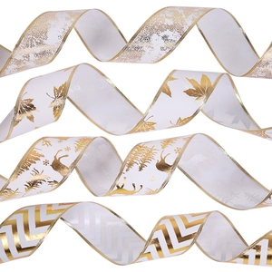 Christmas Wired Ribbon Champagne Gold Wave Pattern Polyester Fabric Ribbon For Festival Gift Wrapping Home DIY Bow Decoration