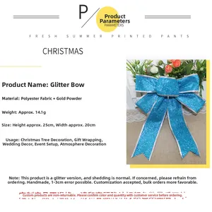 Detail view of 25x20cm blue glitter Christmas bow with silver trim for festive decoration
