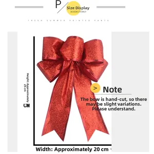 Detailed size view of red glitter Christmas bow ornament with dimensions 25cm by 20cm