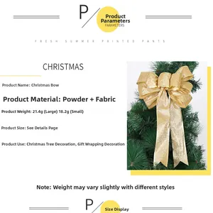 Detail of golden glitter Christmas tree bow ornament for holiday gift decoration