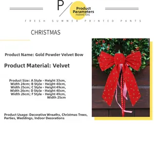 Close-up of red velvet bow with gold glitter for Christmas tree and wreath decoration