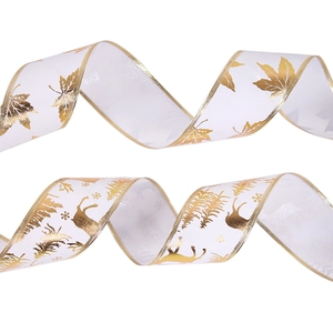 White Christmas ribbons with gold maple leaf and reindeer forest patterns for DIY decor