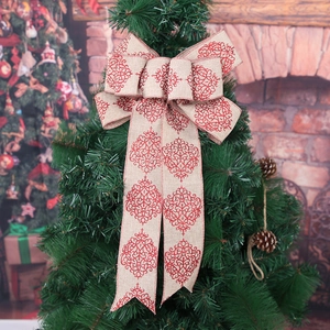 European faux linen Christmas tree bow with red damask pattern and glitter accents
