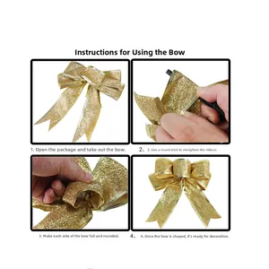 Guide showing four steps to manually shape and fluff a gold glitter Christmas ribbon bow