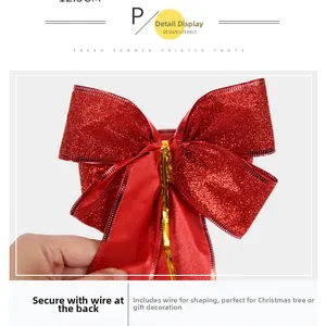 Close-up of red glitter Christmas bow featuring built-in shaping wire and 12.5cm width
