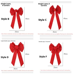 Detailed sizing chart for red velvet Christmas bows with gold glitter star patterns