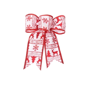 Christmas burlap bow with reindeer and snowflake patterns for holiday tree decoration