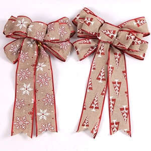 European style faux linen Christmas bows with snowflake and tree patterns for tree decor