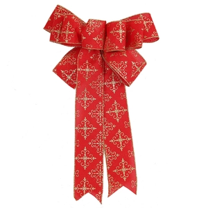 Large red Christmas bow with golden glitter patterns for holiday tree and gift decoration