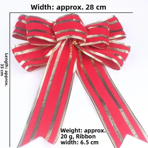 Detail of red and gold Christmas bow with velvet texture and size specifications