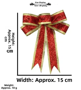 Size display of a 15cm red glitter Christmas bow with gold trim and 10g weight