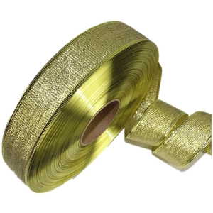 Golden Christmas ribbon roll with metallic mesh texture for festive party DIY bows