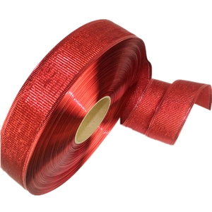 Red metallic Christmas ribbon roll with glitter texture for festive gift wrapping bows