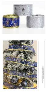 Blue and silver Christmas ribbon detail with snowflake pattern and wired edges for shaping