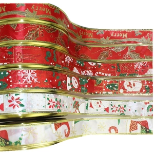 Christmas Printed Satin Ribbon With Gold Edge Festive Decorative Ribbon For Gift Wrap Christmas Tree Decoration Home Party Supply