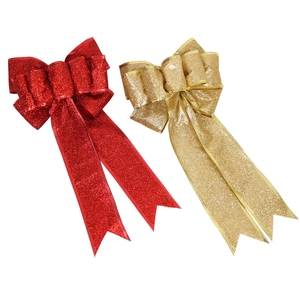 Sparkling red and gold Christmas bows with glitter coating for festive tree decoration