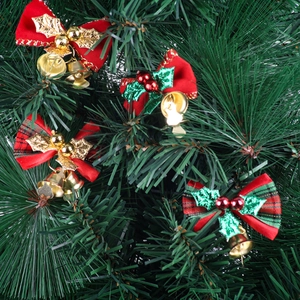 Christmas mini red ribbon bows with gold bells and green leaves for festive tree decoration