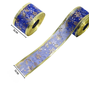 5cm blue Christmas tree double layer mesh ribbon with gold silver snowflake patterns