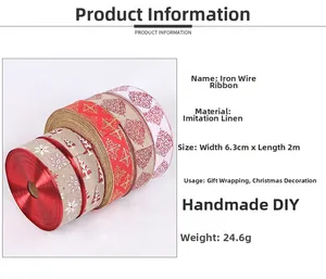 Close-up of 6.3cm faux linen Christmas ribbon with snowflake and tree patterns for DIY crafts