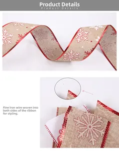 Detail of 2m Christmas burlap ribbon with white snowflakes and flexible wired edges