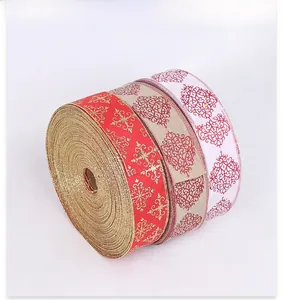 Close-up of four assorted Christmas ribbons including glitter gold and vintage patterns