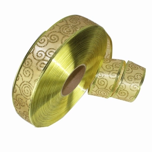 Nastro natalizio dorato da 3,8 cm con spirali glitterate e bordi metallici decorativi