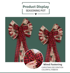 Detail of Christmas bow with red buffalo plaid, burlap texture and festive truck print