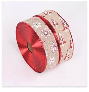 Close-up of 2m Christmas ribbon with snowflake patterns and red satin layering