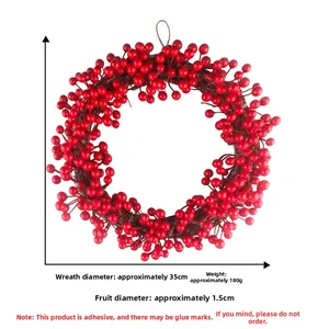 Detailed view of a 35cm red berry Christmas wreath with dimension and weight specs