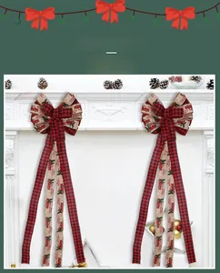 Detail of red buffalo plaid and burlap ribbon bow with Merry Christmas text for trees