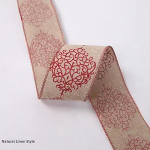 Detail of 2m burlap Christmas ribbon with red glitter patterns for tree decoration