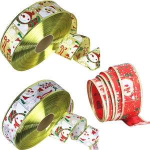 Christmas Decoration Ribbon Santa Claus Snowman Pattern Gold Edge Elegant Festive Ribbon For Xmas Tree Gift Wrapping Home Decor