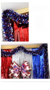 Detail of USA Independence Day party decor with red blue fringe curtain and star bow